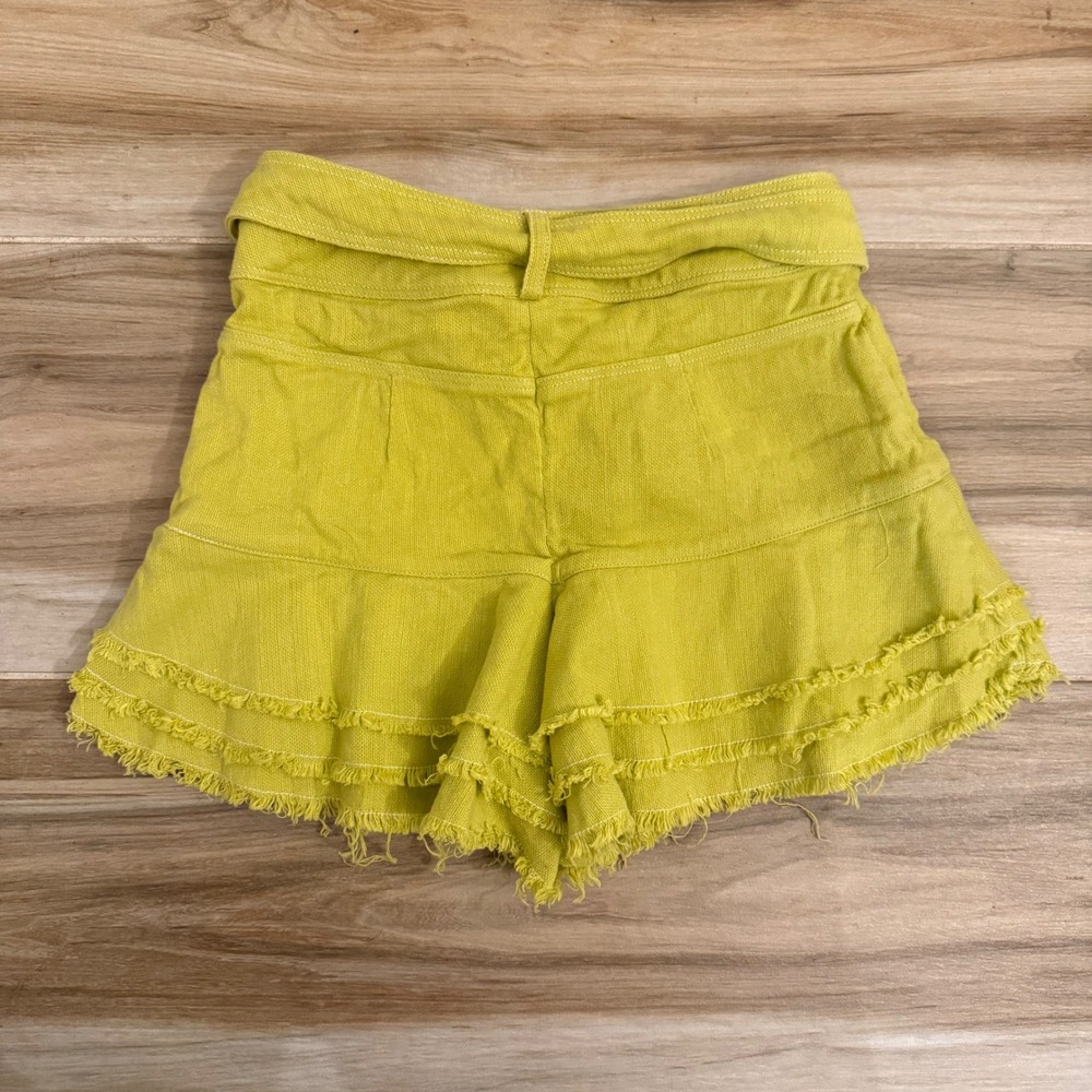 Alexis Lime Green Belted Ruffle Frayed Hem Shorts Size S Citron Linen Blend - Picture 3 of 5